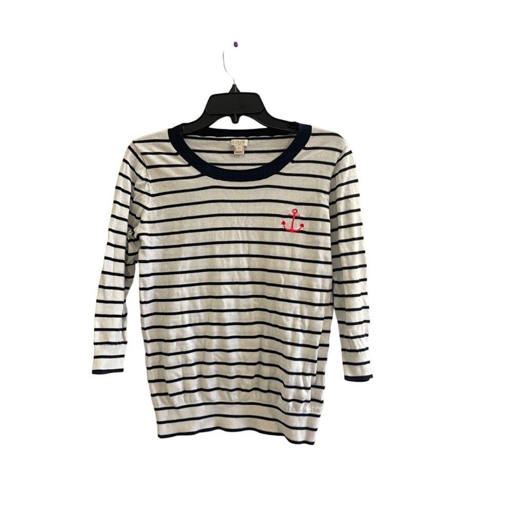 J.Crew Factory Nautical Anchor Sweater 3/4 Sleeve Navy White Stripe Small